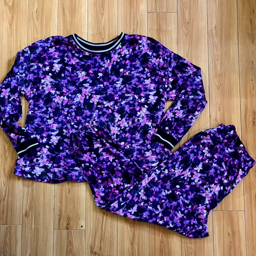 SIMPLY VERA WANG Size L 2 Pc Pajama Set Joggers Purple Floral Velour Pockets